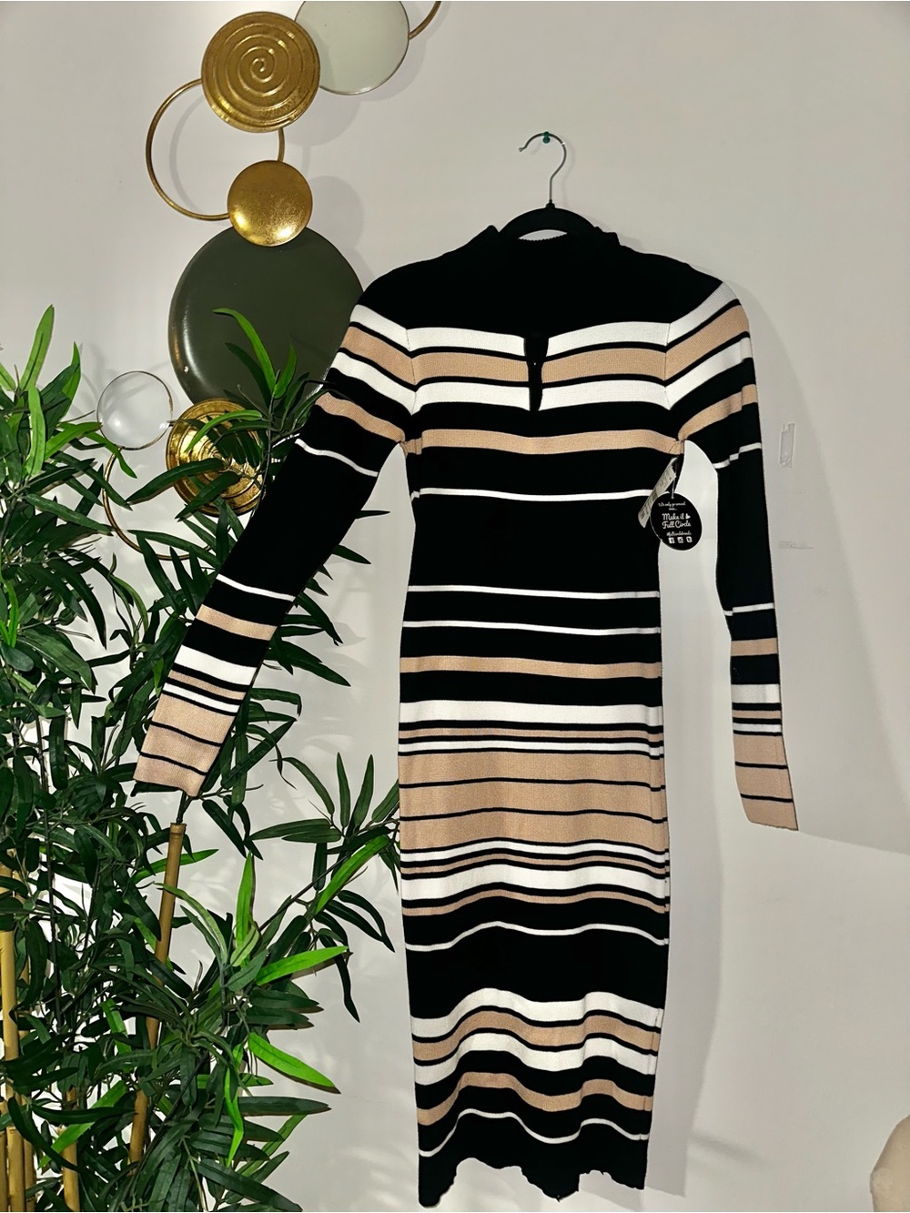 Striped Long Sleeve Knit Dress in Black, Beige & White
